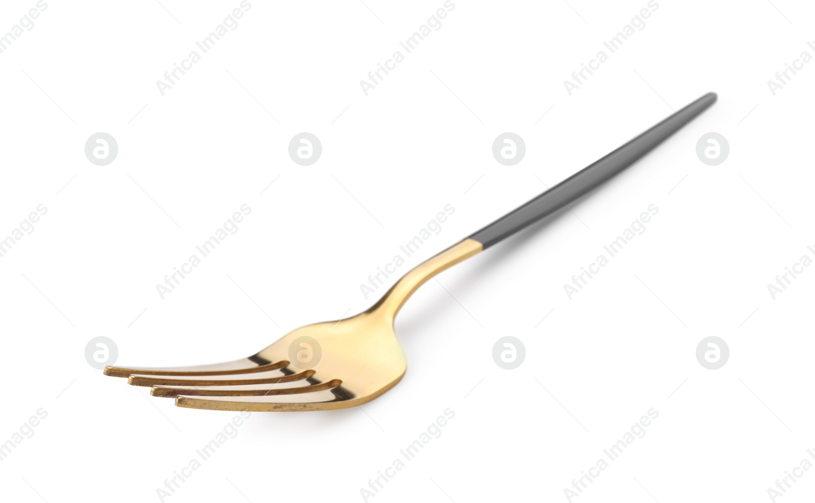 Photo of One shiny golden fork with black handle isolated on white