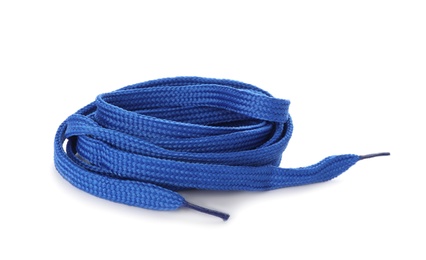 Photo of Blue shoe lace isolated on white. Stylish accessory