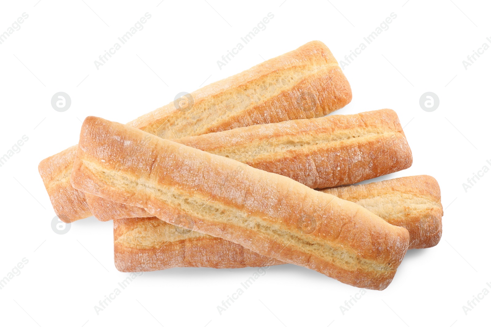 Photo of Tasty baguettes on white background, top view. Fresh bread