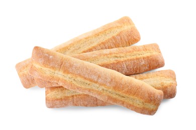 Photo of Tasty baguettes on white background, top view. Fresh bread