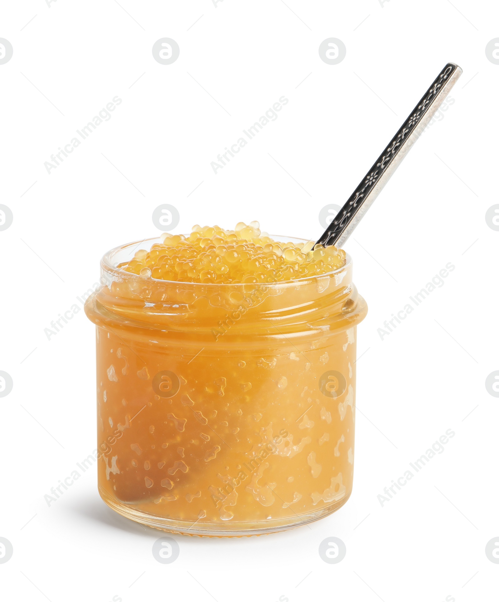 Photo of Fresh pike caviar in glass jar and spoon isolated on white