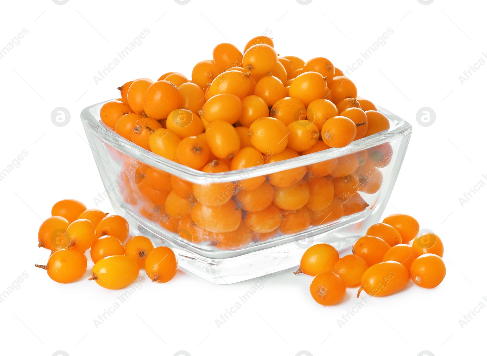 Photo of Bowl with fresh ripe sea buckthorn berries on white background