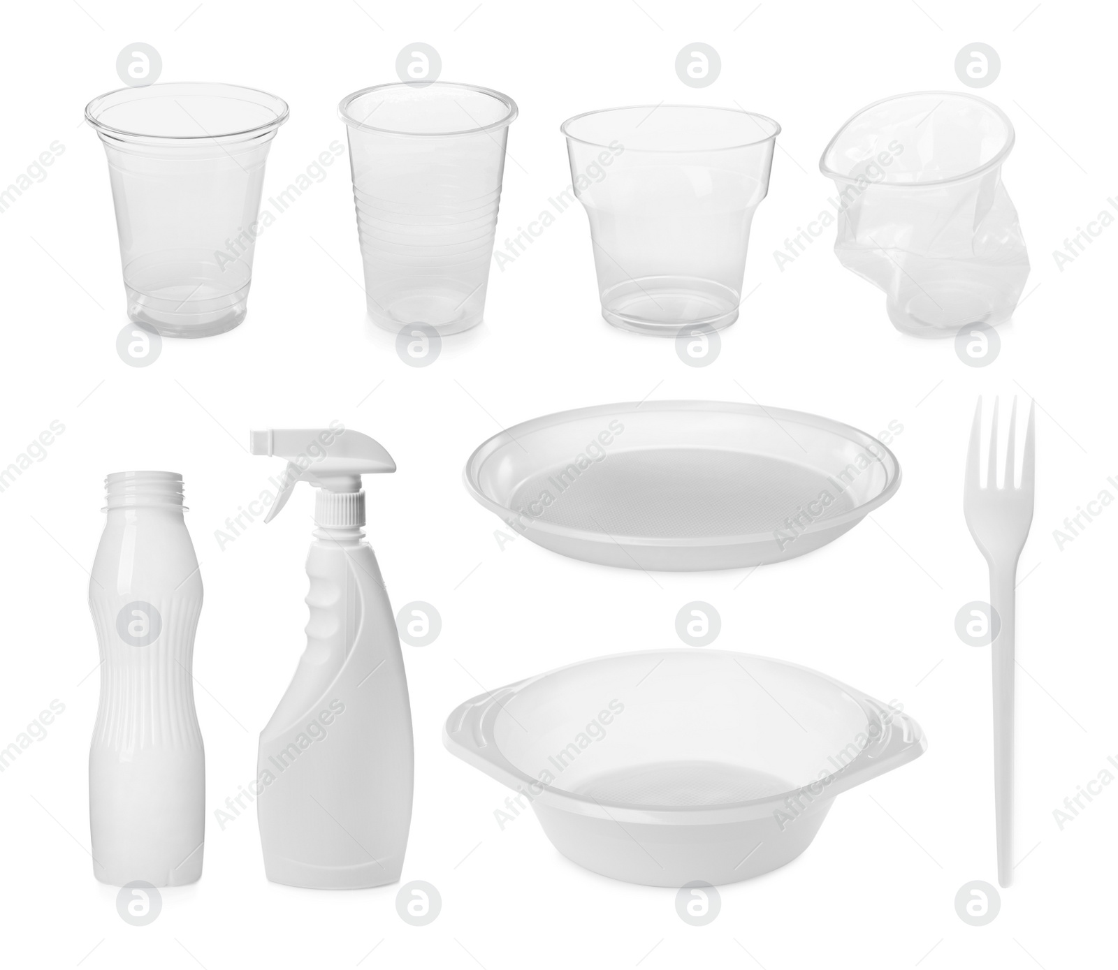 Image of Set with different plastic items on white background