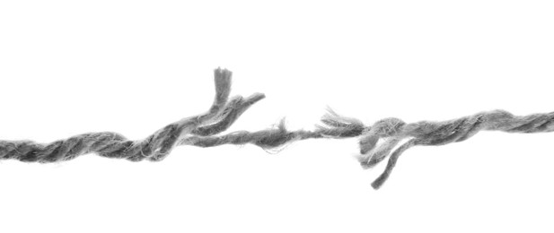Image of Frayed rope at breaking point on white background, banner design. Cheating concept