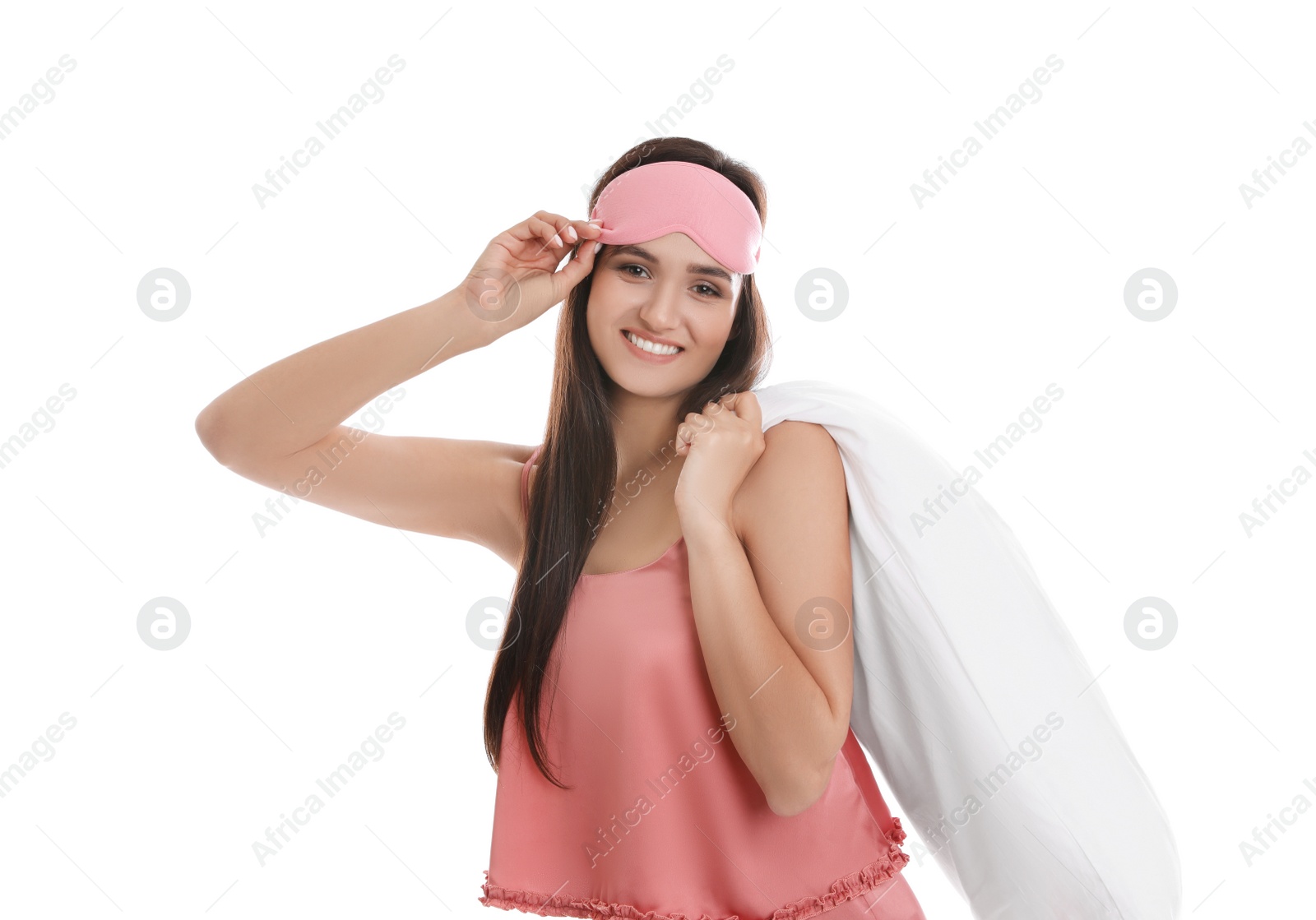 Photo of Beautiful woman with pillow on white background. Bedtime