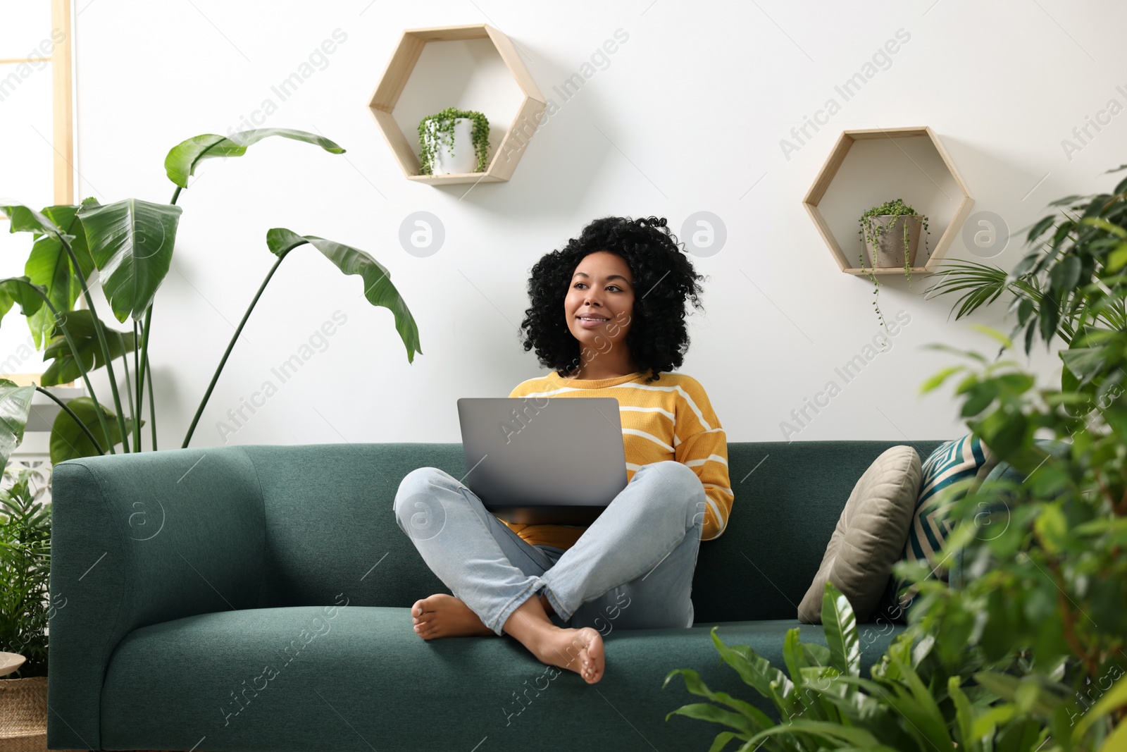 Photo of Relaxing atmosphere. Happy woman with laptop on sofa near beautiful houseplants in room