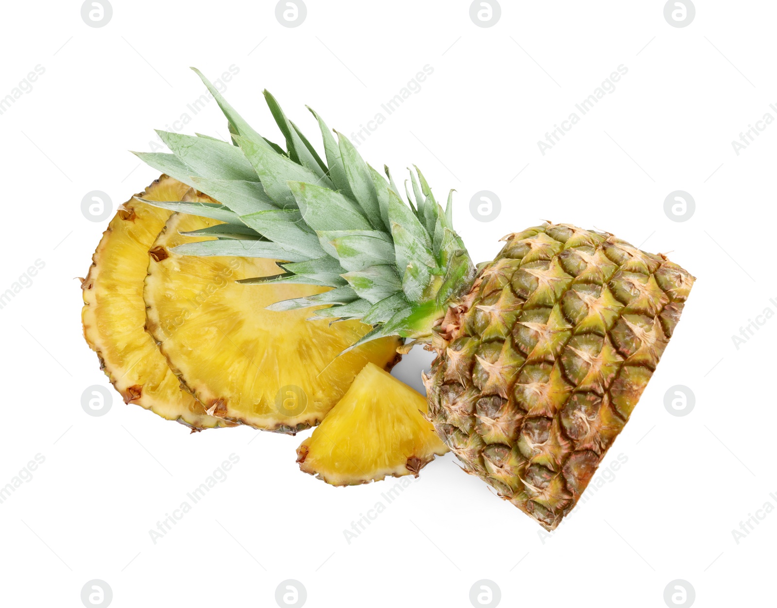 Photo of Cut tasty ripe pineapple isolated on white, top view