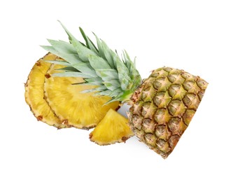 Cut tasty ripe pineapple isolated on white, top view