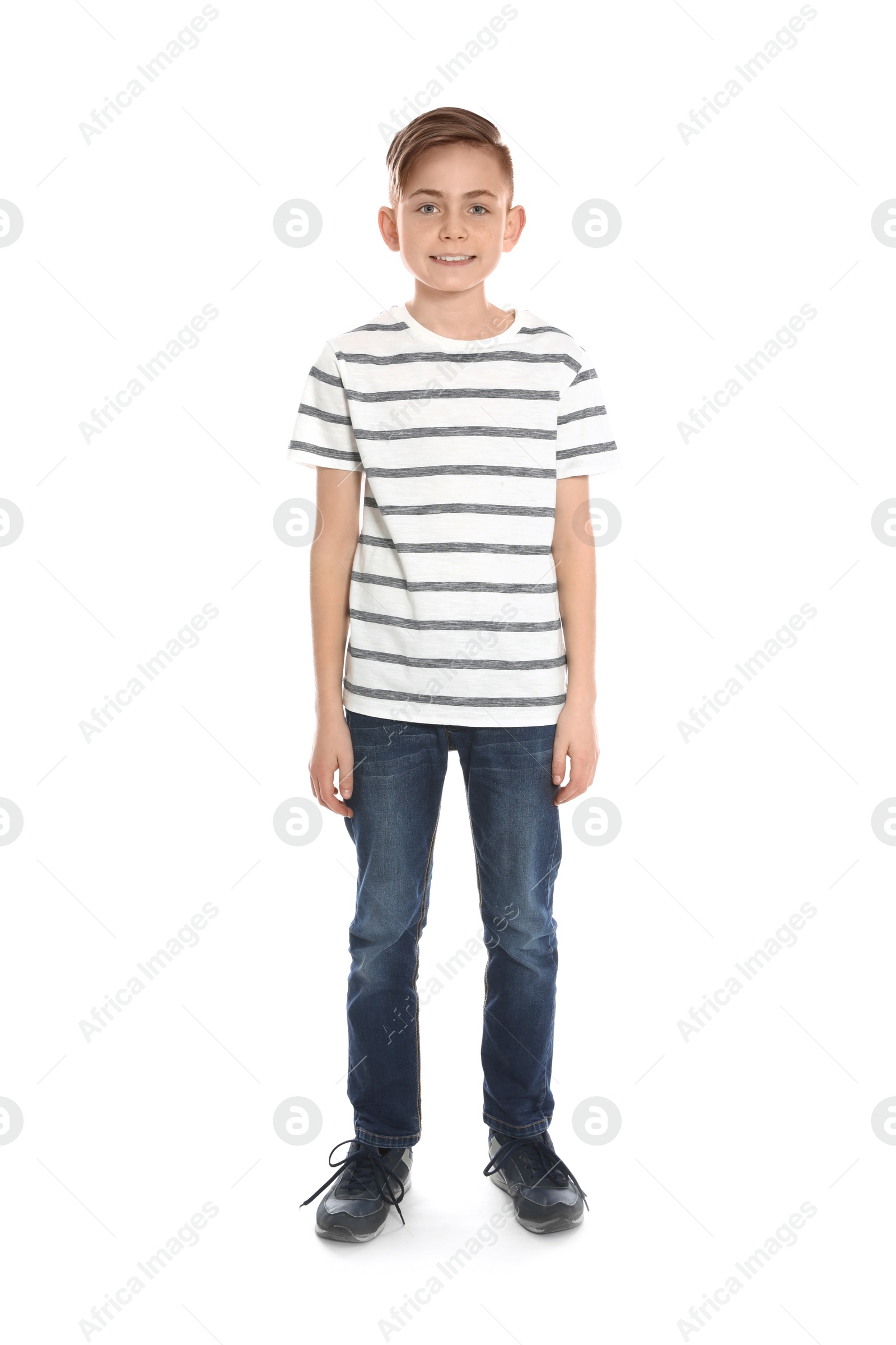 Photo of Full length portrait of little boy on white background