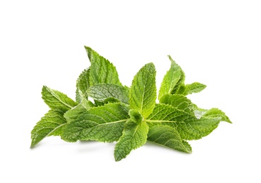 Photo of Fresh green mint leaves on white background