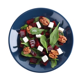 Fresh delicious beet salad isolated on white, top view