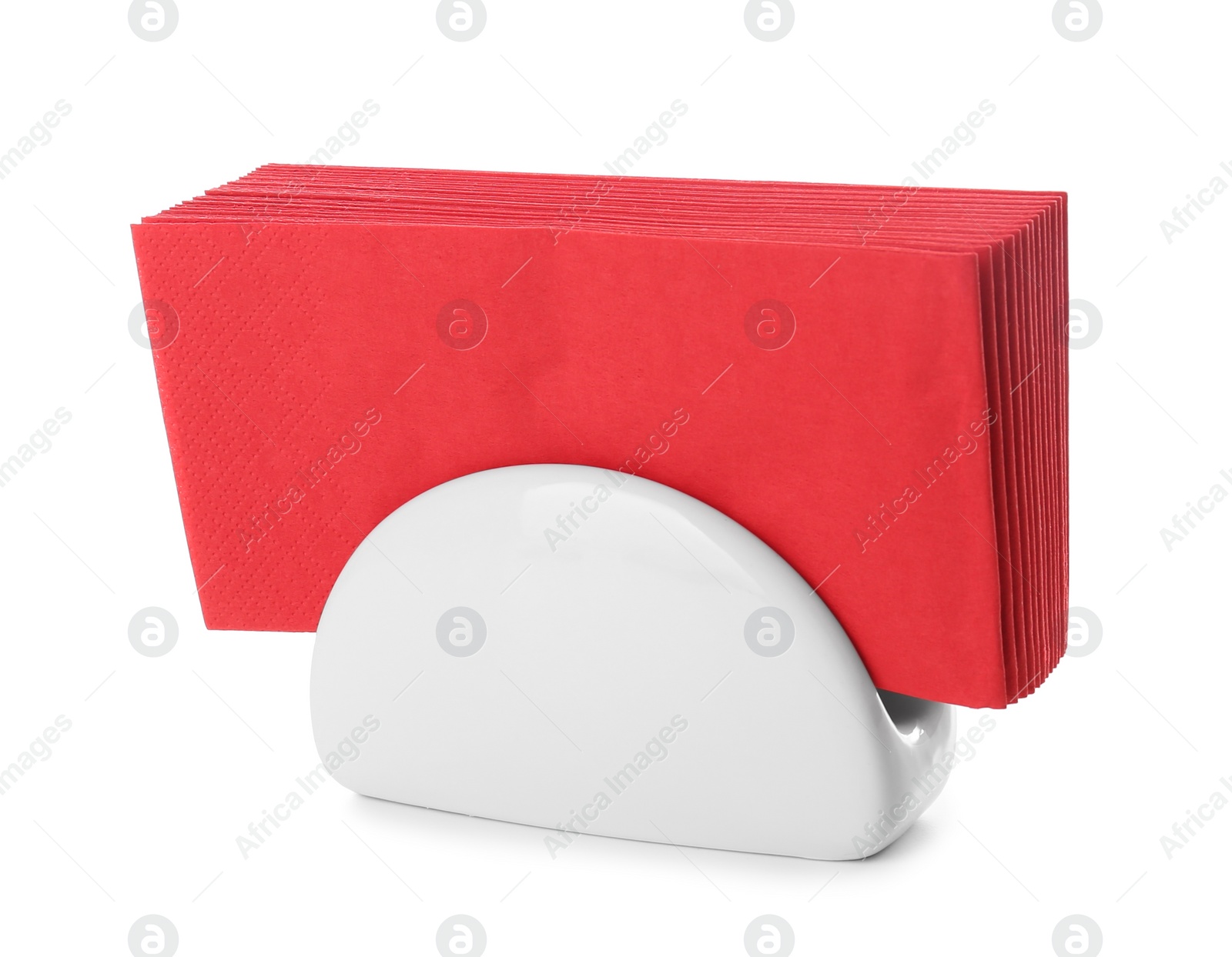 Photo of Ceramic napkin holder with paper serviettes on white background