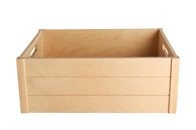 Photo of Wooden crate on white background. Shipping container