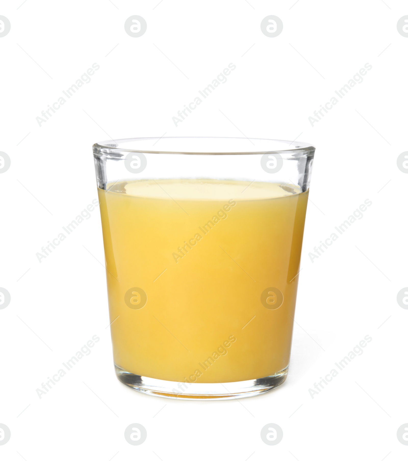 Photo of Glass of orange juice on white background