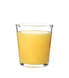 Glass of orange juice on white background