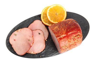 Photo of Slate plate with delicious ham on white background, top view