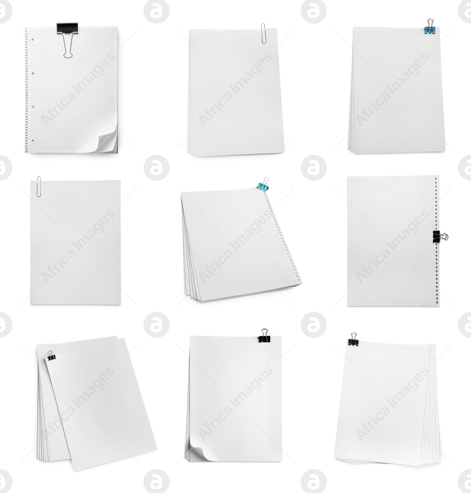 Image of Set of sheets of paper on white background, top view