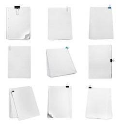 Set of sheets of paper on white background, top view