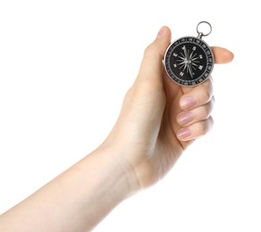 Woman holding compass on white background, closeup. Tourist equipment