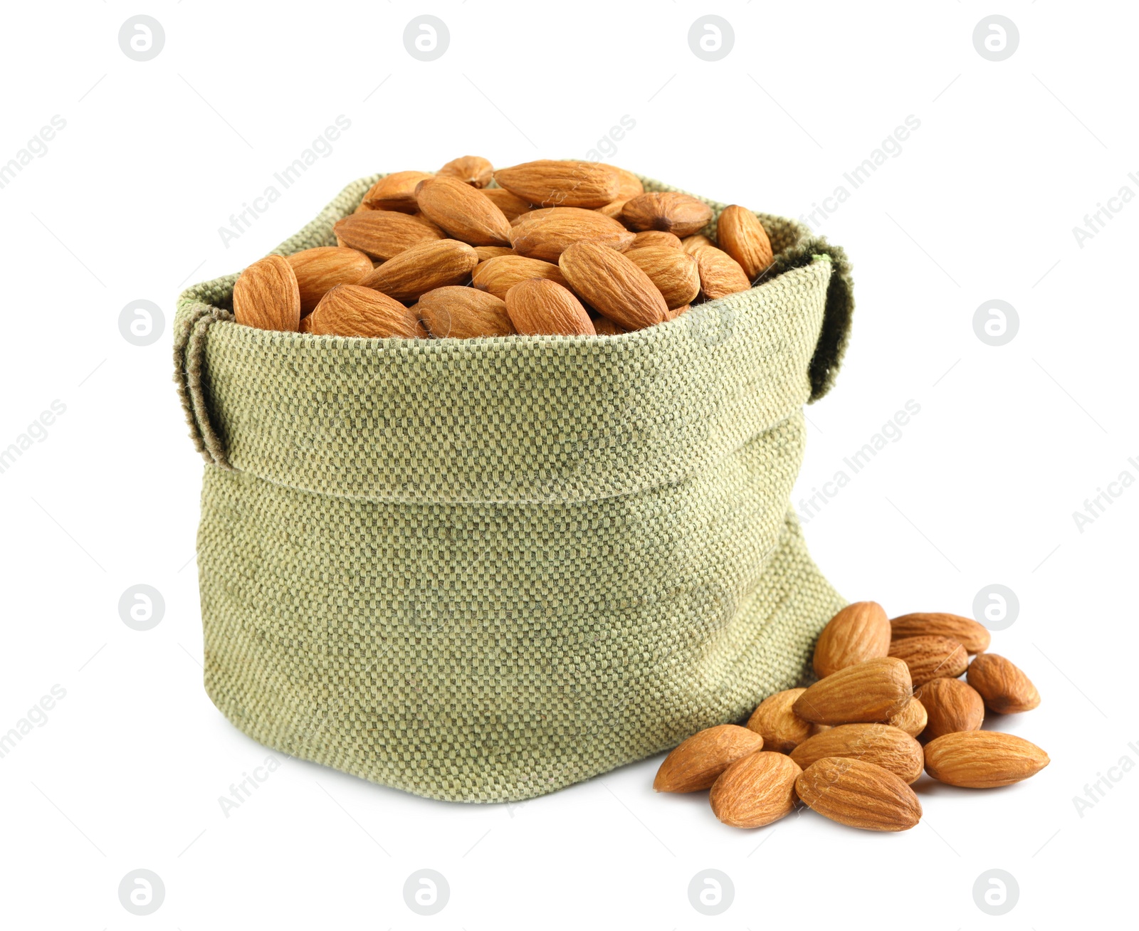 Photo of Sack and organic almond nuts on white background. Healthy snack