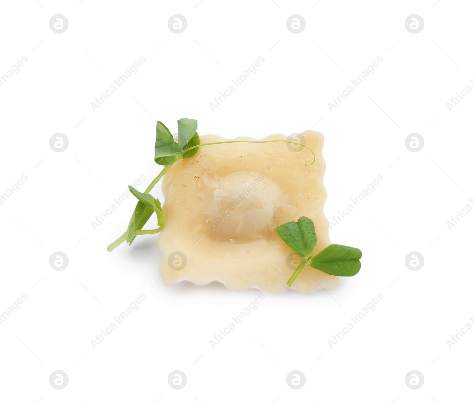 Photo of One delicious ravioli with tasty filling isolated on white