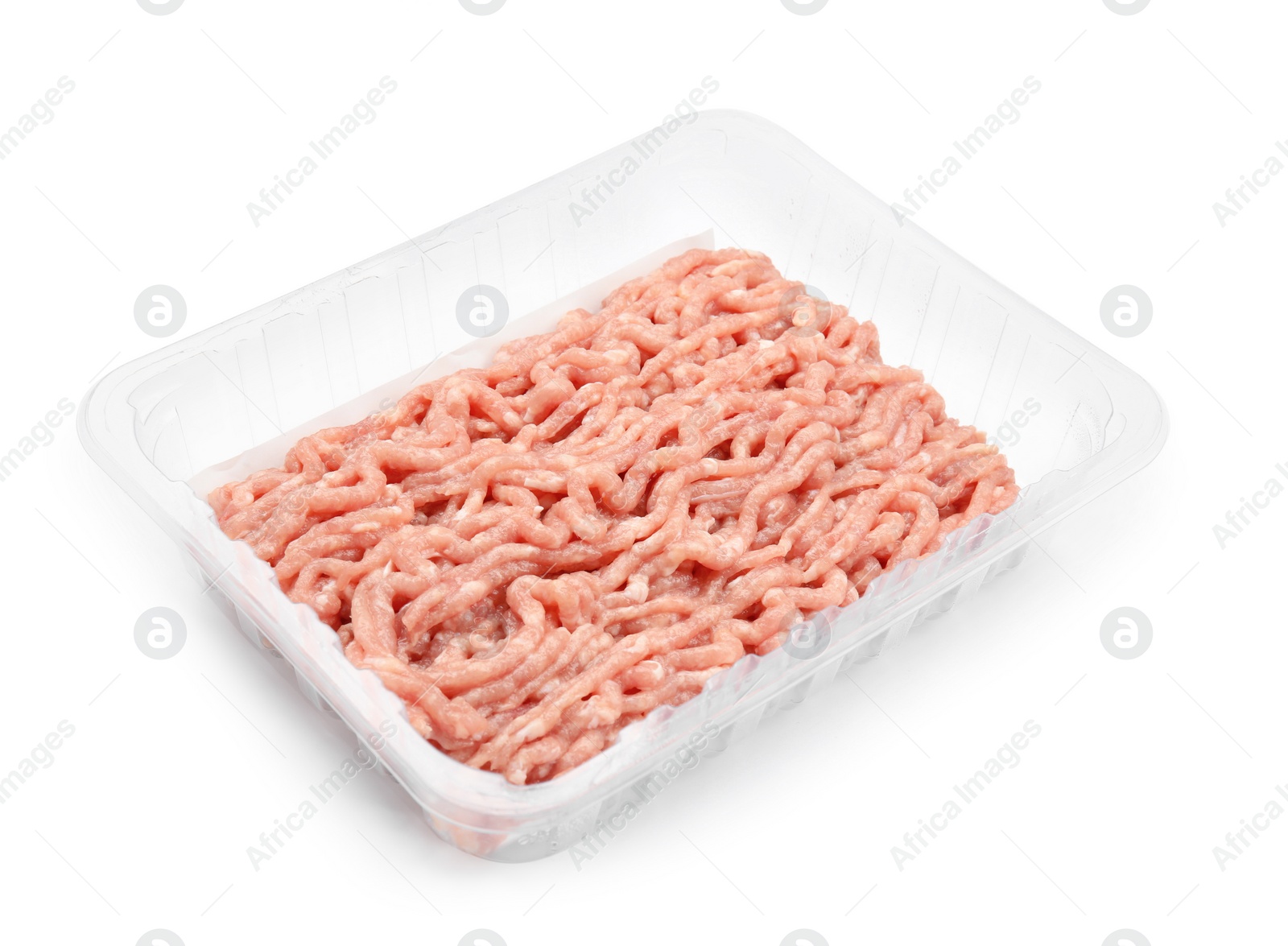 Photo of Raw chicken minced meat in container isolated on white