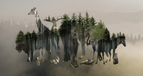 Image of Double exposure of wild animals and mountain landscape, banner design