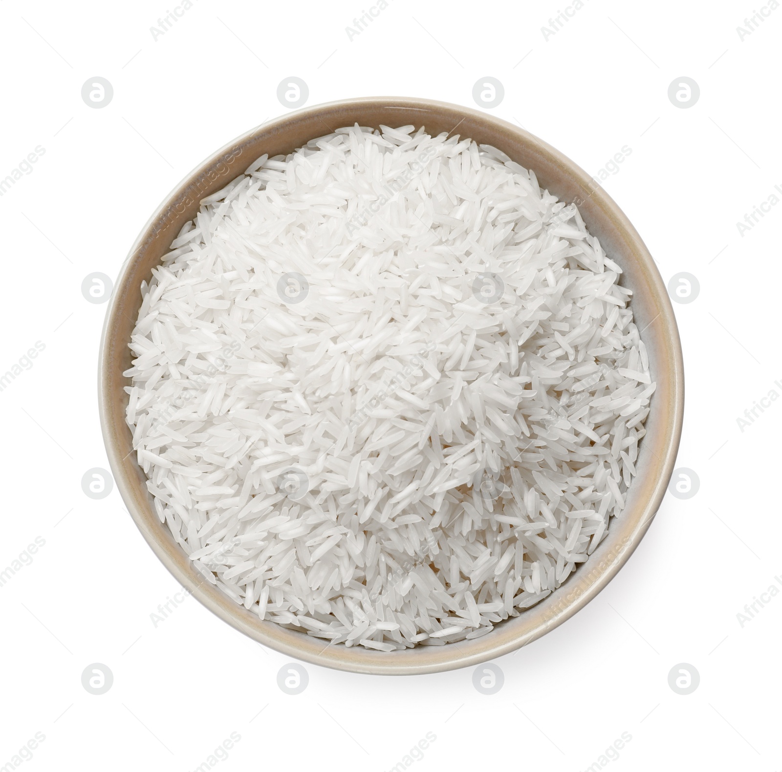 Photo of Raw basmati rice in bowl isolated on white, top view