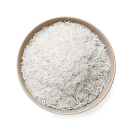 Raw basmati rice in bowl isolated on white, top view