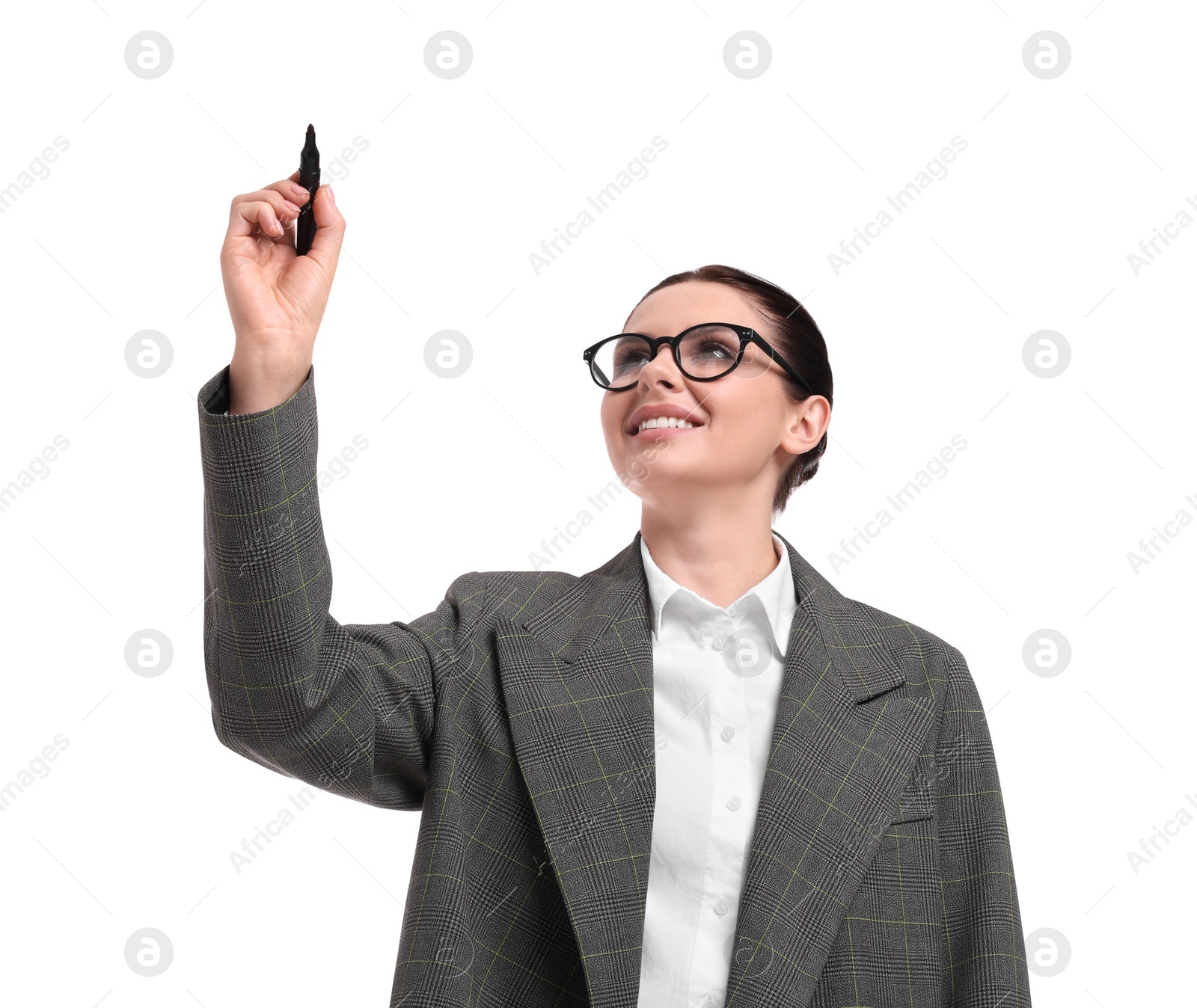 Photo of Beautiful businesswoman in suit with marker on white background