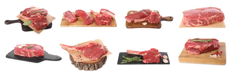 Image of Raw beef steaks isolated on white, set