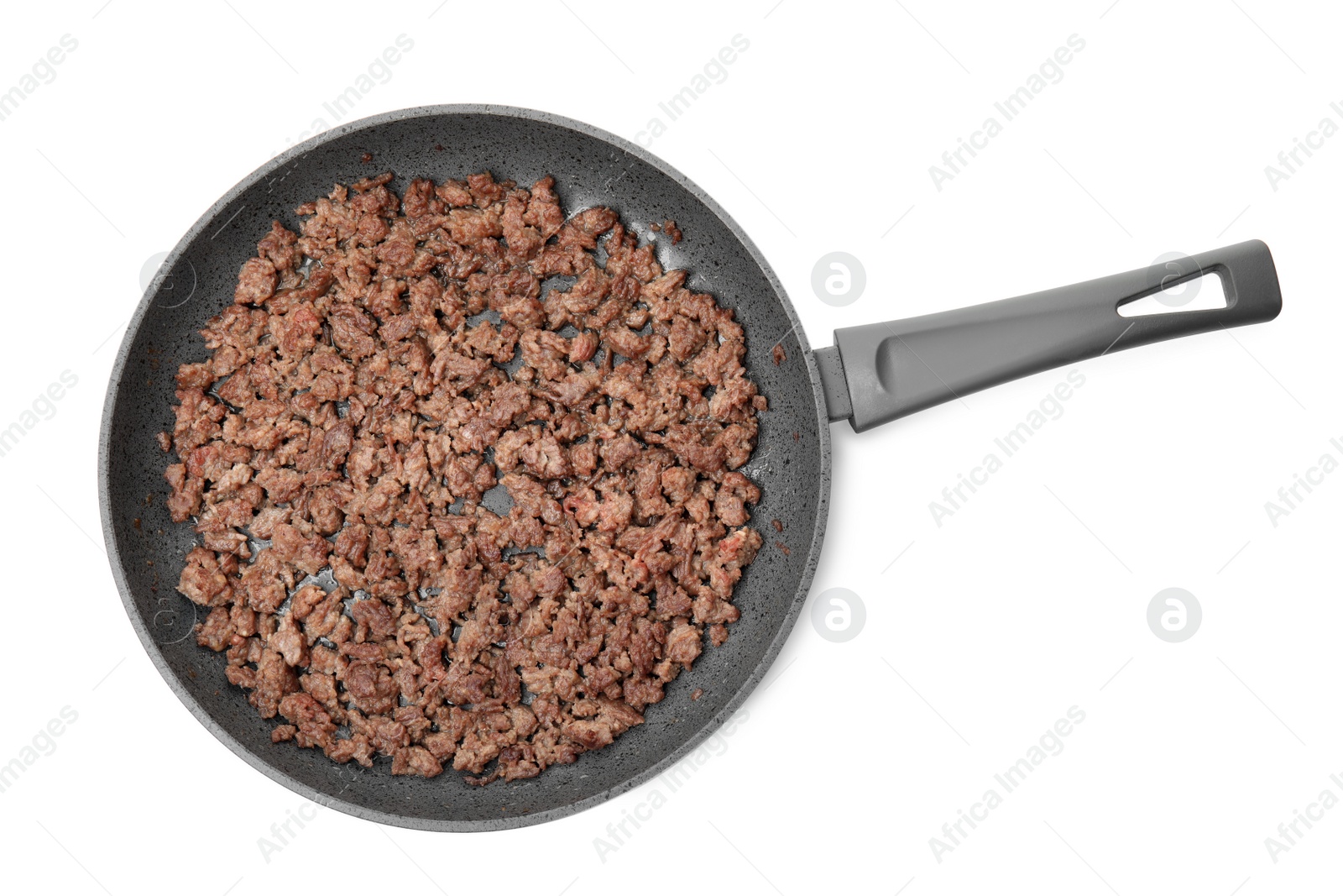 Photo of Pan with fried minced meat isolated on white, top view