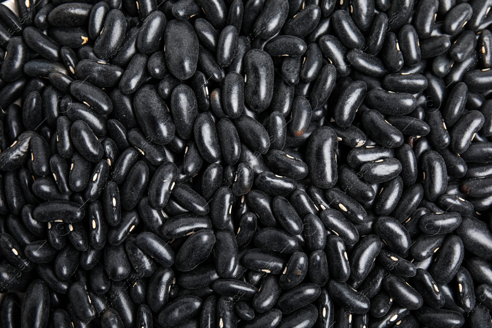 Photo of Heap of black beans as background, top view. Veggie seeds