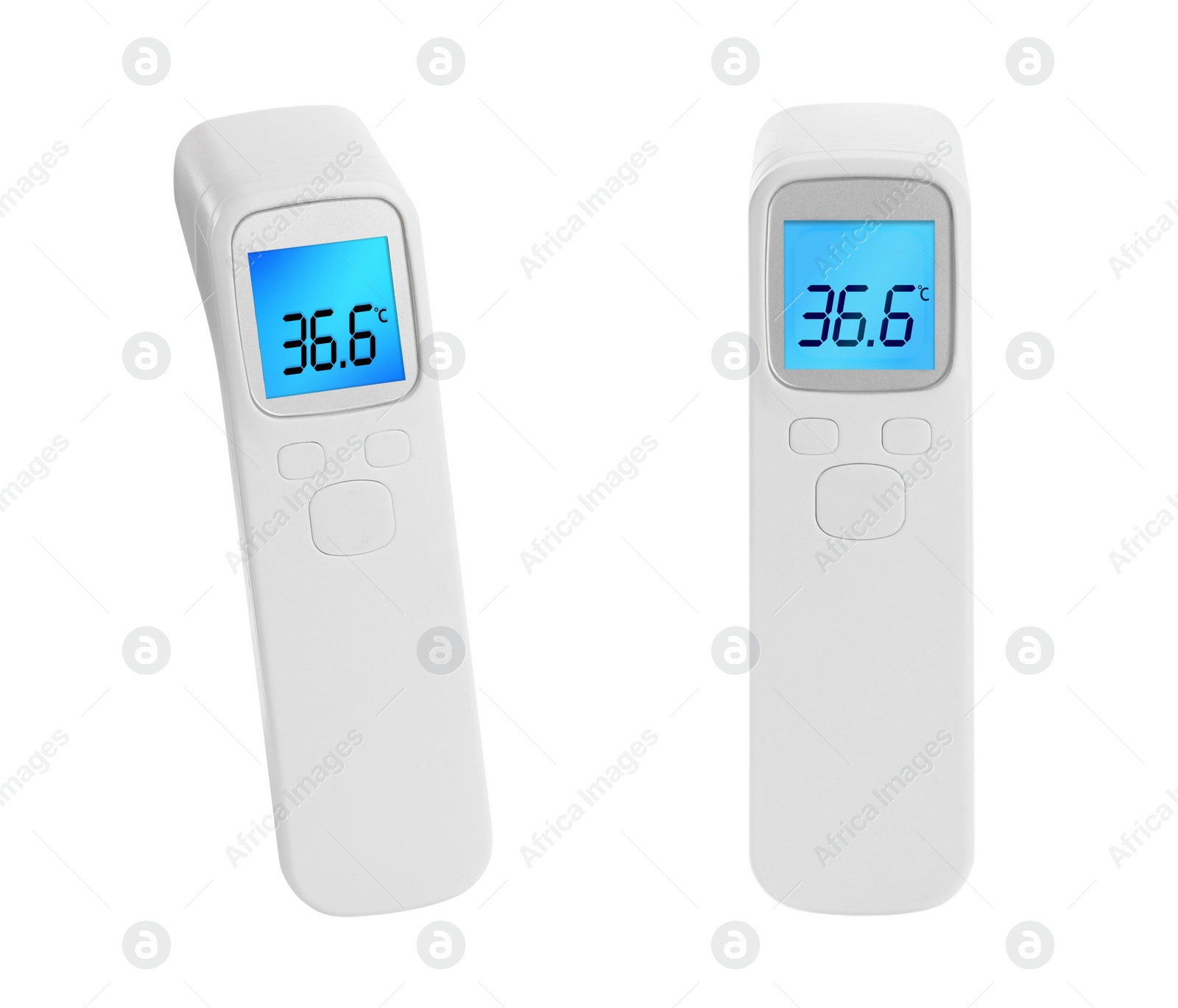 Image of Infrared thermometers on white background, collage. Checking temperature during Covid-19 pandemic