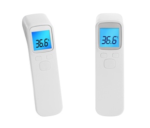 Image of Infrared thermometers on white background, collage. Checking temperature during Covid-19 pandemic