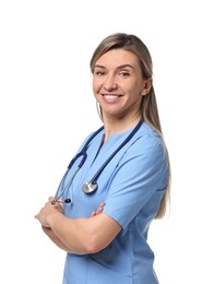 Photo of Portrait of happy doctor with stethoscope on white background