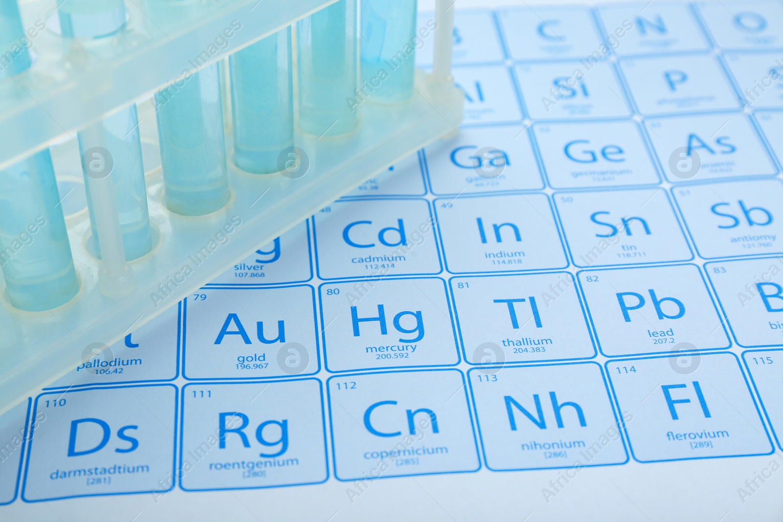 Photo of Test tubes in rack on periodic table of chemical elements, closeup