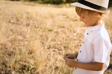 Cute little boy wearing stylish hat outdoors, space for text. Child spending time in nature
