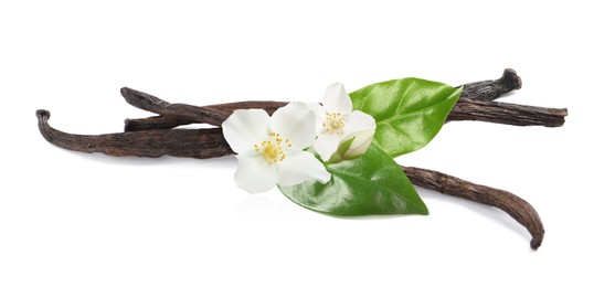 Dried aromatic vanilla sticks, beautiful flowers and green leaves on white background. Banner design