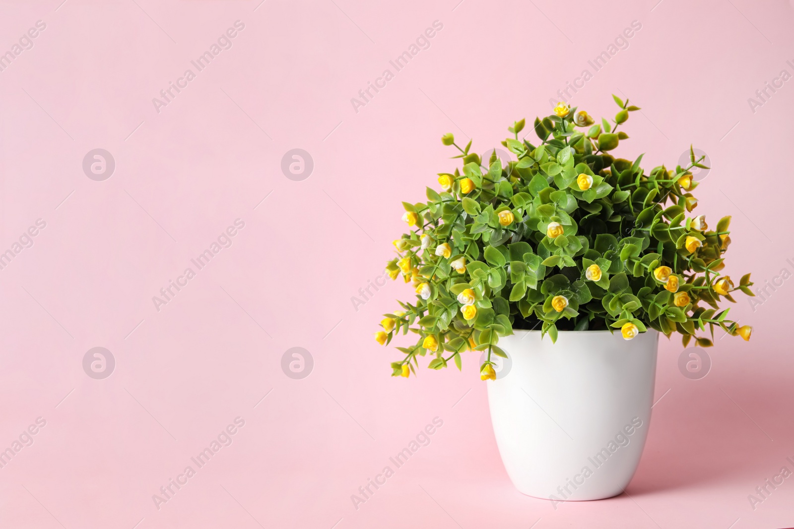 Photo of Beautiful artificial plant in flower pot on pink background, space for text