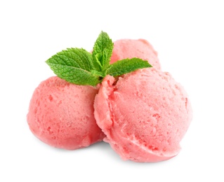 Photo of Scoops of delicious strawberry ice cream with mint on white background