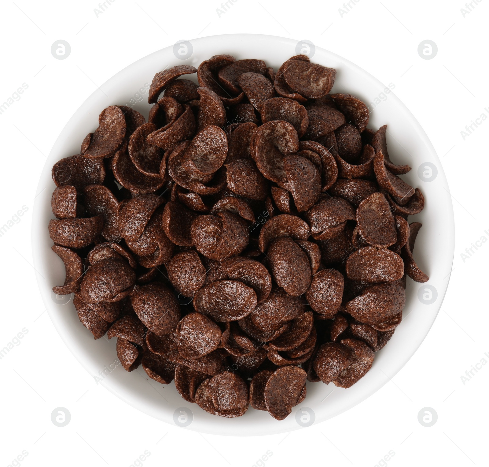 Photo of Breakfast cereal. Chocolate corn flakes in bowl isolated on white, top view