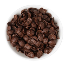 Photo of Breakfast cereal. Chocolate corn flakes in bowl isolated on white, top view