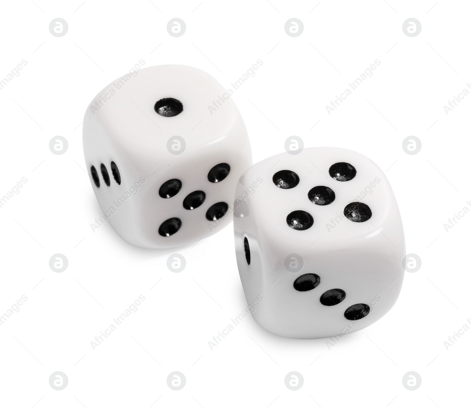 Photo of Two dices isolated on white. Game cubes