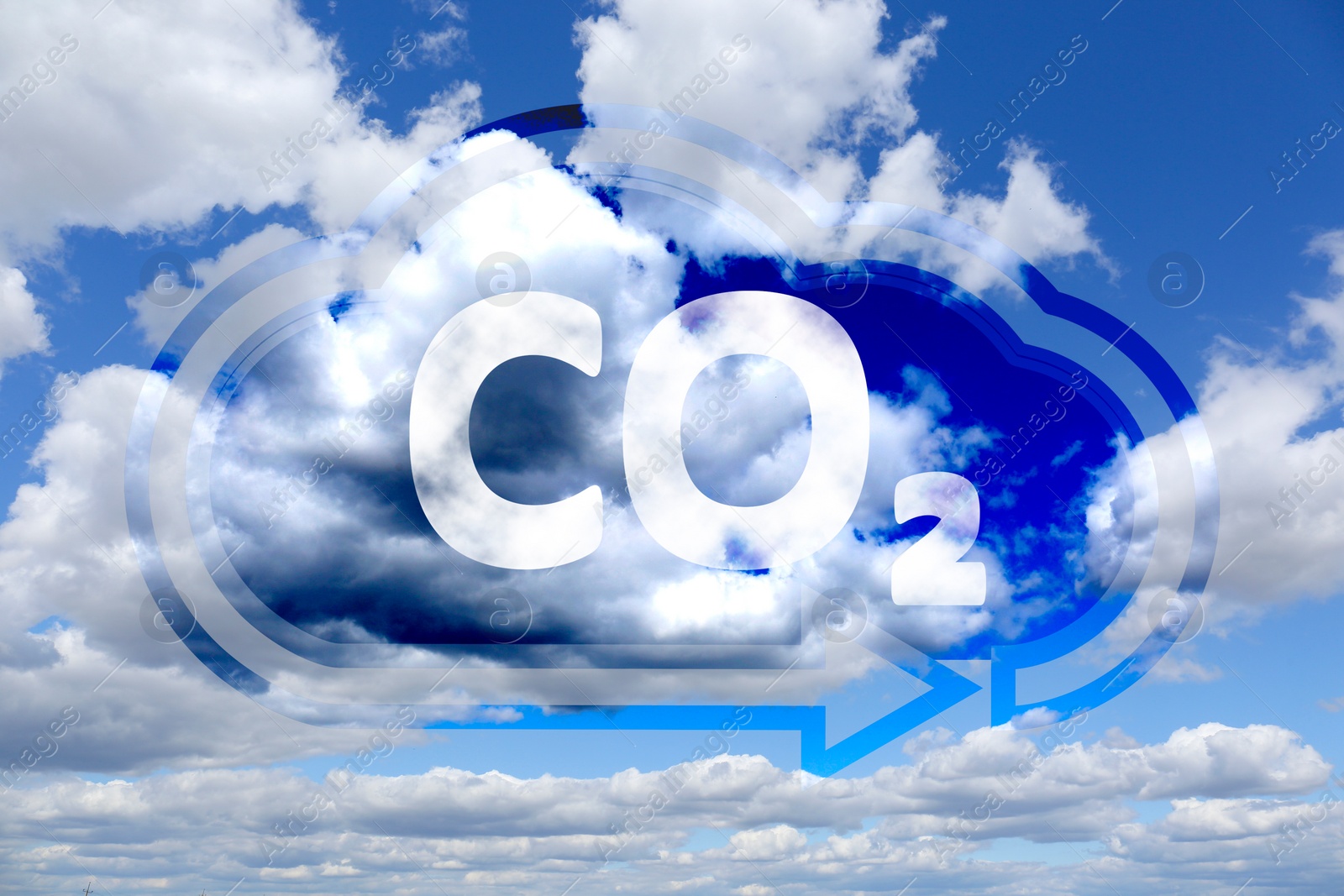 Image of Concept of clear air. CO2 inscription in illustration of cloud with arrow and beautiful cloudy sky