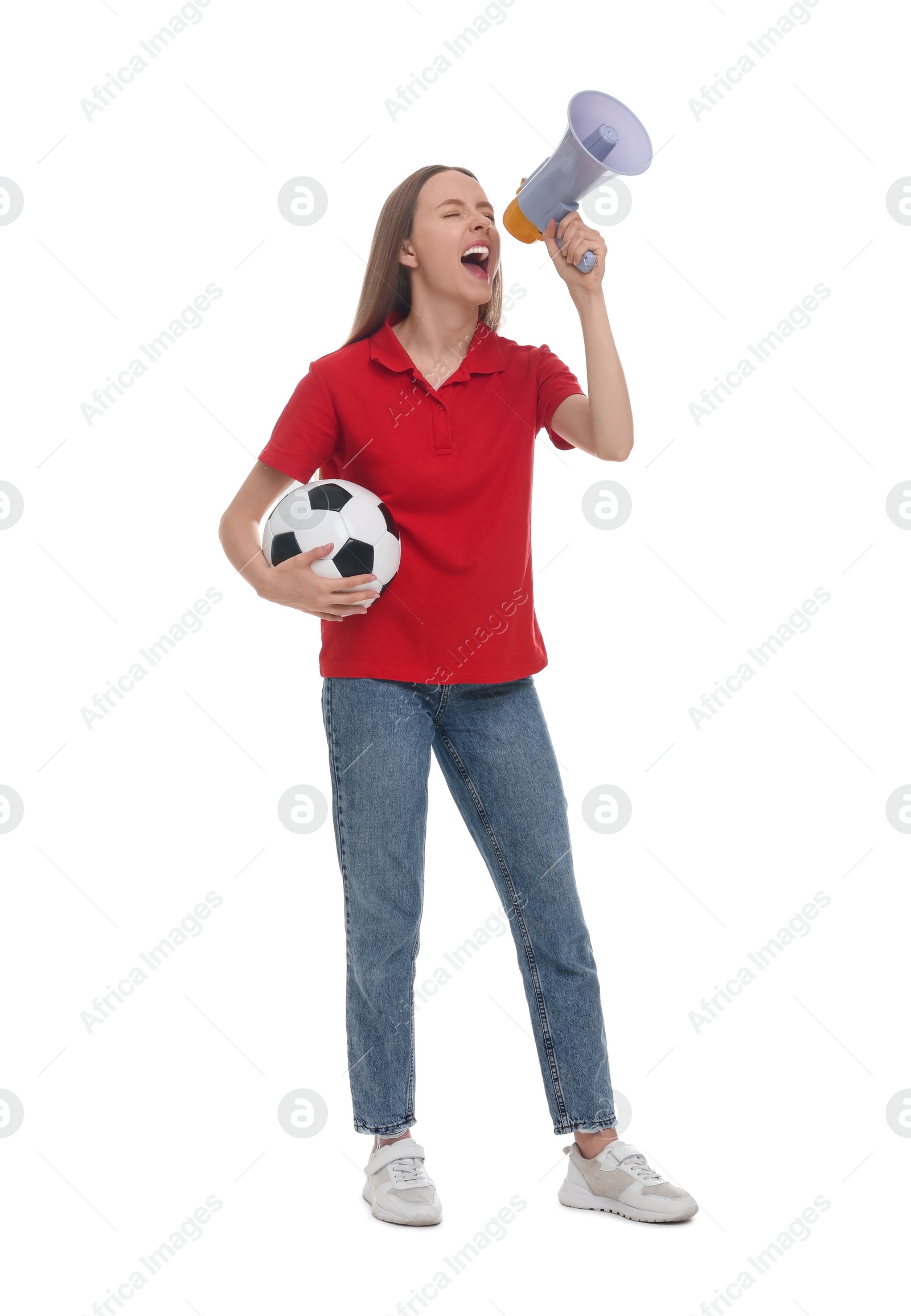 Photo of Emotional sports fan with ball and megaphone on white background
