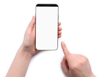 Woman holding smartphone with blank screen on white background. Mockup for design