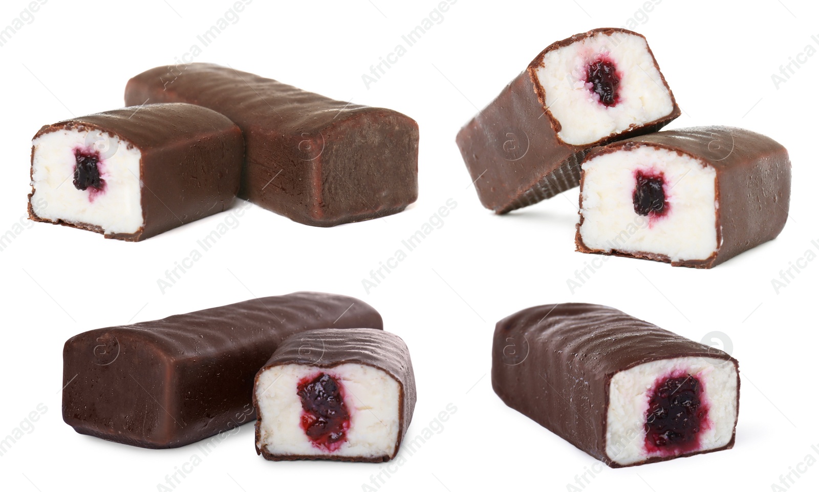 Image of Collage with glazed curd cheese bars with berry jam filling on white background