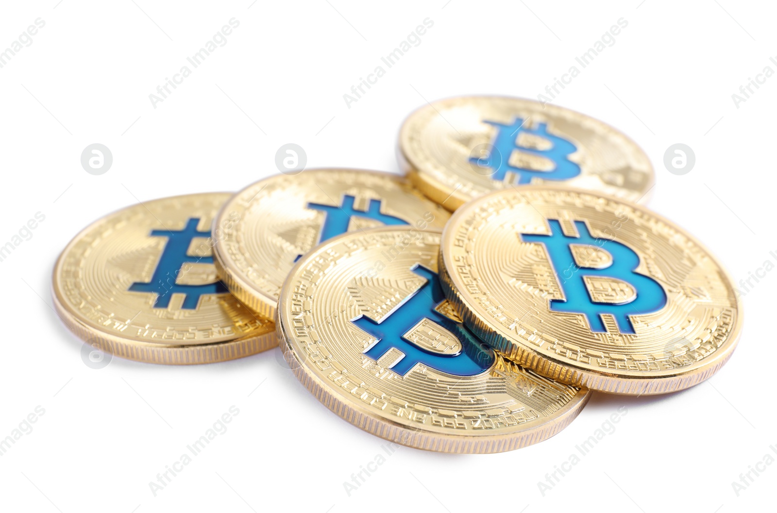 Photo of Pile of bitcoins isolated on white. Digital currency