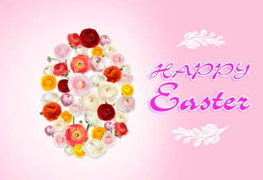 Image of Happy Easter. Egg shape made of flowers on color background, flat lay 